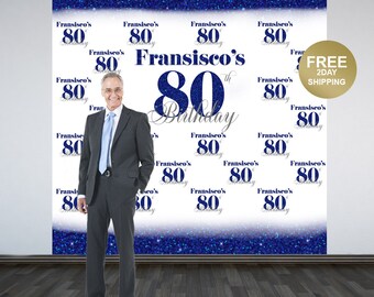 80th Birthday Personalized Photo Backdrop | Blue Photo Backdrop | 70th Birthday Photo Backdrop | Printed Photo Backdrop | Birthday Backdrop
