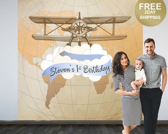 Vintage Airplane Party Personalized Photo Backdrop, 1st Birthday Airplane Photo Backdrop, Welcome to this World Photo Backdrop, Printed