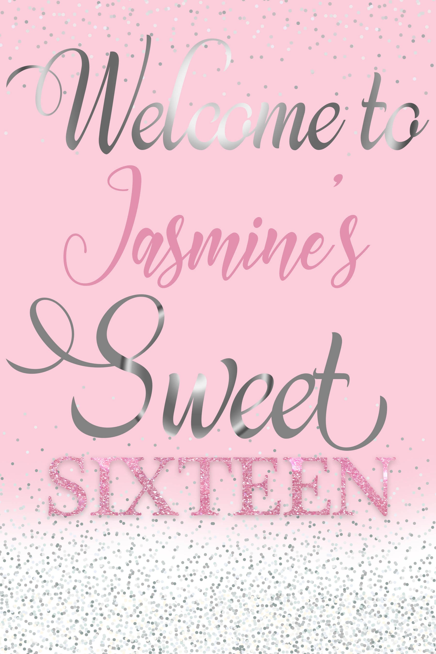 Silver and Pink Welcome Sign Sweet Sixteen Welcome Sign Landscape Sweet 16 Birthday Welcome Sign W838
