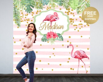 Pink Flamingo Party Photo Backdrop | Flamingo Photo Backdrop | Summer Birthday Party Backdrop | Tropical Birthday Backdrop, Printed Backdrop