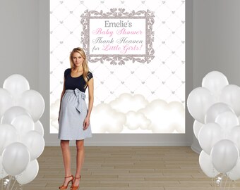 Thank Heaven Personalized Photo Backdrop - Baby Shower Photo Backdrop-  Clouds Photo Backdrop - First Birthday Backdrop - Sprinkle Backdrop