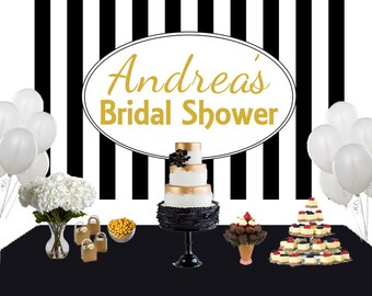 Bridal Shower Elegance Personalized Photo Backdrop, Birthday Cake Table Backdrop - Black and White Stripes Photo Backdrop, Birthday Backdrop