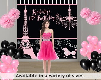 Paris Love Personalized Photo Backdrop -Birthday Party Photo Backdrop- Sweet 16th Large Photo Backdrop, Effiel Tower Backdrop