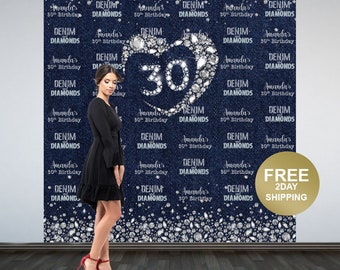 Denim & Diamonds Photo Backdrops, 30th BIrthday Party Backdrop, Party Photo Backdrops, Step and Repeat Backdrop, Printed Vinyl Backdrop