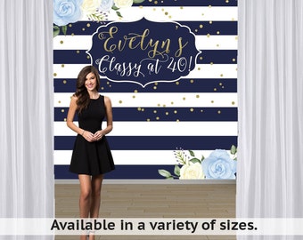 Floral Birthday Personalized Photo Backdrop - Milestone Birthday Photo Backdrop- Navy Blue and White Photo Booth Backdrop- Classy at 40