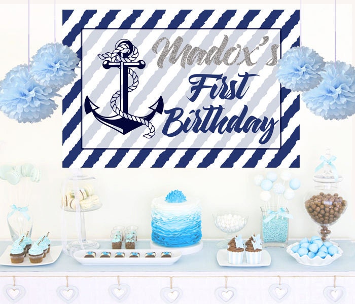 Nautical Birthday Personalized Backdrop, Anchor Birthday Cake