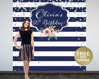 50th Birthday Personalized Photo Backdrop | Navy Blue and White Stripes Backdrop | Printed Photo Backdrop | Sweet 16 Photo Booth Backdrop