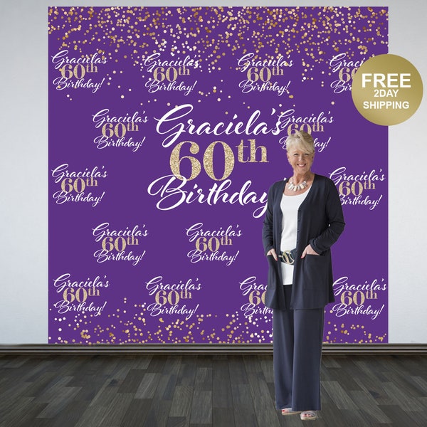 60th Birthday Personalized Photo Backdrop | Purple and Gold Sparkle Photo Booth Backdrop | Birthday Backdrop | Printed Backdrop