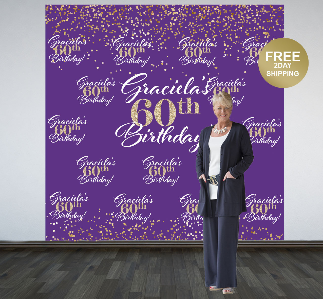 60th Birthday Personalized Photo Backdrop | Purple and Gold Sparkle