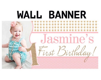 Twinkle Little Star Banner ~ Personalized Party Banners - Photo First Birthday Banner - Custom Banner - Pink Stars Banner