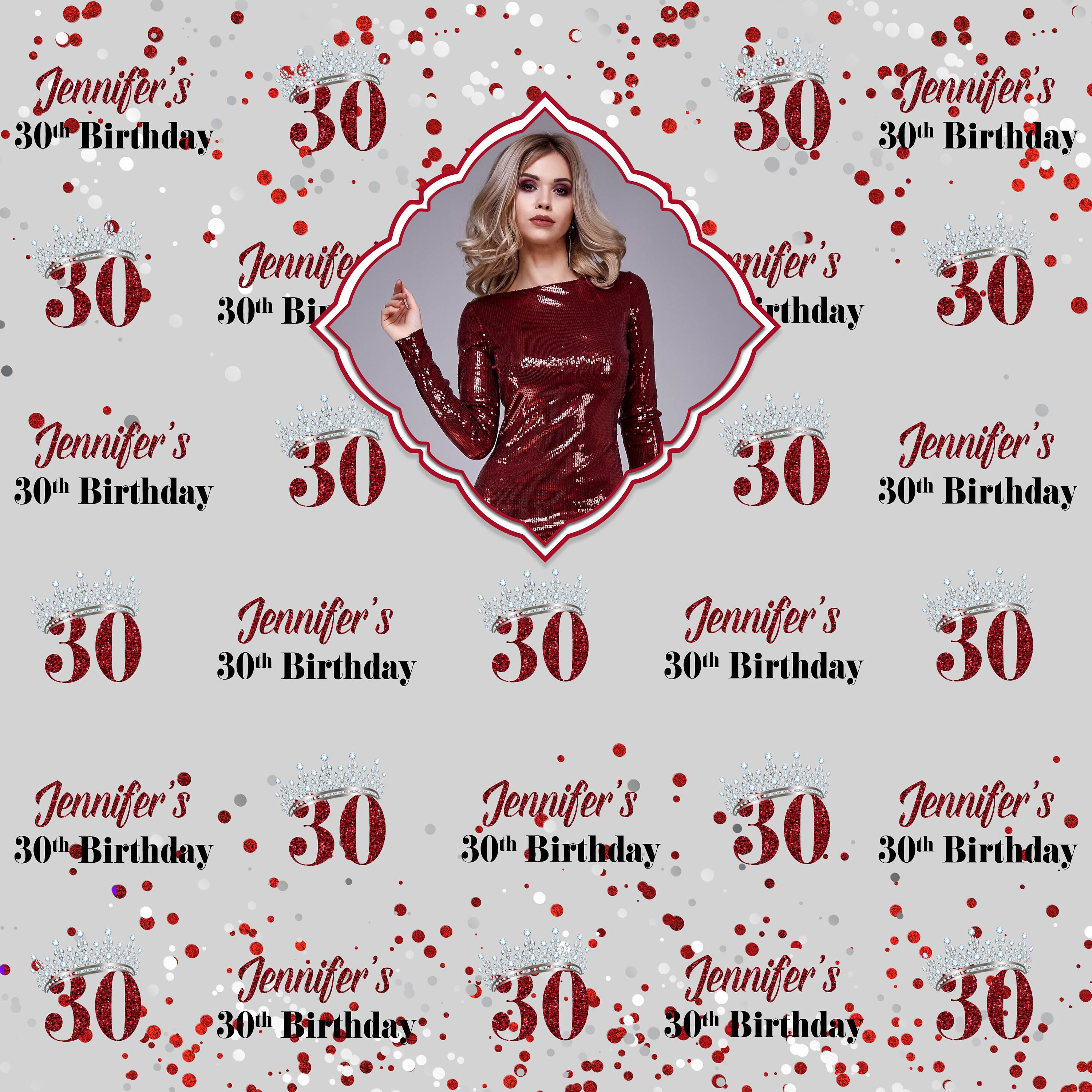 30th Birthday Personalized Photo Backdrop | Red Confetti Photo Backdrop