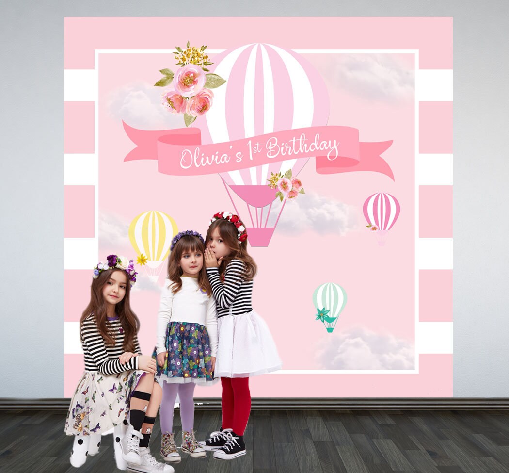 Up up and Away Party Photo Backdrop, Hot Air Balloons Personalized Photo Backdrop 1st Birthday
