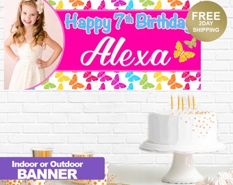 Happy Birthday Banner| Birthday Banner | Personalized Birthday Banner | Rainbow Butterflies Birthday Banner | Indoor or Outdoor Banner