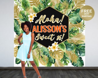 Aloha Party Personalized Photo Backdrop | Summer Photo Backdrop | Tropical Birthday Backdrop | Green Floral Backdrop | Printed Backdrop