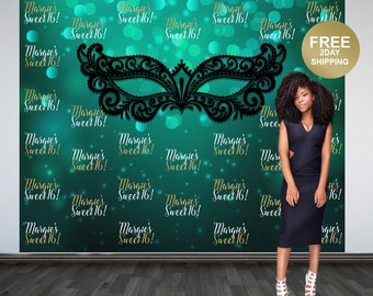 Sweet 16 Personalized Photo Backdrop | Masquerade Green Birthday Photo Backdrop | Step and Repeat Photo Backdrop | Masquerade Ball Backdrop