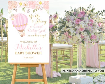 Hot Air Balloon Baby Shower Sign, Pink and Gold Welcome Sign