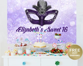 Masquerade Mask Personalized Party Backdrop | Birthday Cake Table Backdrop | Sweet 16 Backdrop | Printed Vinyl Backdrop | Birthday Backdrop