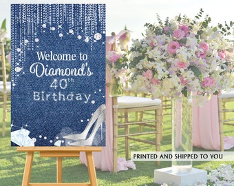 Denim and Diamonds Welcome Sign, Welcome to the Party Sign, 40th Birthday Welcome Sign, Foam Board Welcome Sign, Printed Photo Canvas Sign