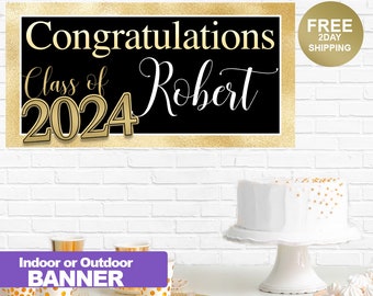 Gold Graduation Photo Banner ~ Congrats Grad Personalized Party Banner - School Colors Graduation Banner, Class of 2024 Banner, Grad Banner