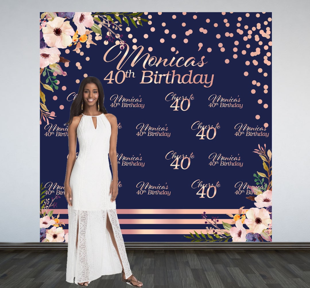 Floral Personalized Photo Backdrop, Rose Gold Photo Backdrop 40th