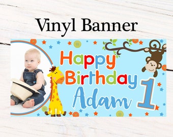 Jungle Friends First Birthday Banner ~ Personalized Birthday Banner -Large  Photo First Birthday Banner, Printed Vinyl Banner