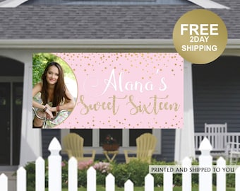 Sweet Sixteen Birthday Banner | Sweet 16 Gold Polka Dots Birthday Banner | 16th Birthday Banner | Birthday Yard Sign | Birthday Lawn Banner