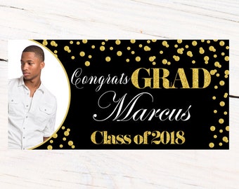 Class of 2018 Graduation Photo Banner ~ Congrats Grad Personalized Party Banners -School Colors Graduation Banner, Black Photo Grad Banner