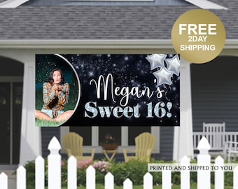 Sweet Sixteen Birthday Banner | Sweet 16 Silver and Black Birthday Banner | 16th Birthday Banner | Birthday Yard Sign | Birthday Lawn Banner