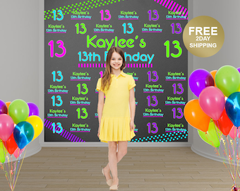 Neon Party Personalized Photo Backdrop | Birthday Photo Backdrop | 13th Birthday Backdrop | Step and Repeat Backdrop | Printed Backdrop