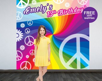 Retro Party Personalized Photo Backdrop | Birthday Photo Backdrop | 13th Birthday Photo Backdrop | Hippie Backdrop | Rainbow Backdrop