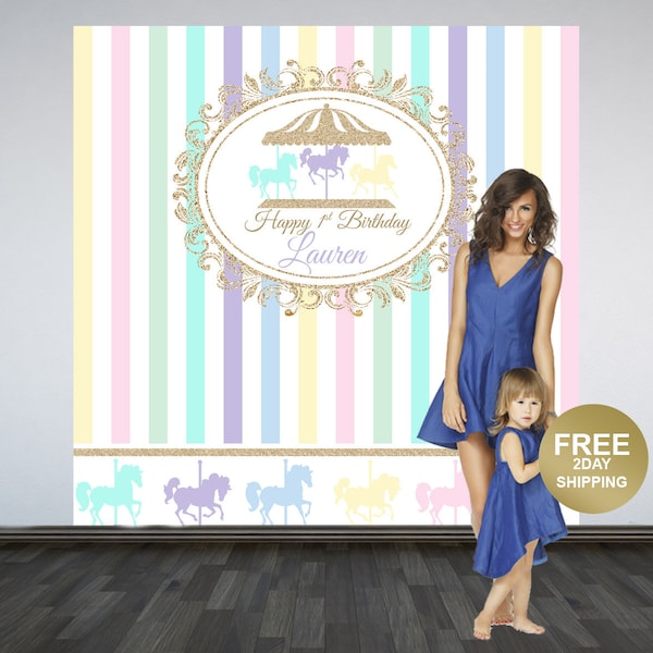 Carousel Personalized Photo Backdrop - 1st Birthday Photo Backdrop - Printed Photo Booth Backdrop, Carnival Backdrop, Birthday Backdrop