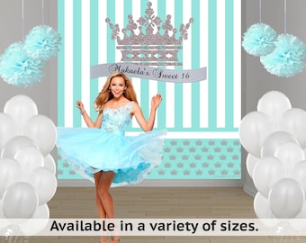 Sweet 16 Princess Birthday Party Personalized Photo Backdrop - 16th Birthday Photo Backdrop- Aqua and Silver Photo Backdrop, First Birthday