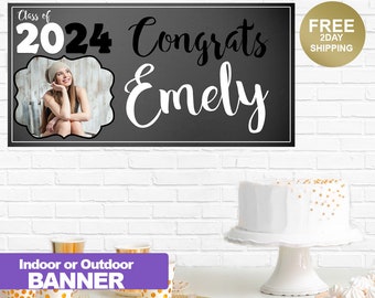 Graduation Photo Banner ~ Personalized Grad Party Banner- Class of 2024 Chalkboard, Graduation Banner, Printed Banner, Congrats Banner