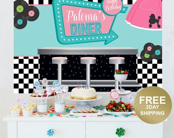 Sock Hop Personalized Backdrop | 50's Diner Cake Table Backdrop | Rock and Roll Photo Backdrop | Poodle Skirt Backdrop | Birthday Backdrop