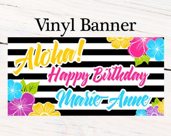 Hawaiian Aloha Personalized Banner  ~ Happy Birthday Personalized Party Banners- Hibiscus Large Photo Banner, Luau Banner, Printed Banner