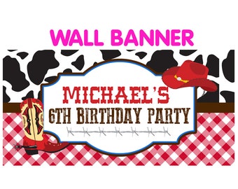 Western Birthday Banner  ~ Personalized Cowboy Party Banners, Red Cowboy Personalized Banner, Custom Banner, Printed Banner