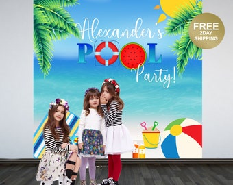 Pool Party Personalized Photo Backdrop | Summer Photo Backdrop | Tropical Birthday Party Backdrop | Beach Party Backdrop | Printed Backdrop