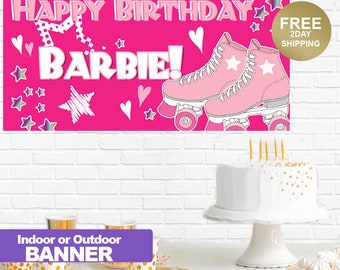 Happy Birthday Banner| Roller Skating Birthday Banner |Personalized Birthday Banner | Pink Banner | Custom Banner | Indoor or Outdoor Banner