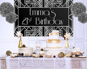 Roaring 20's Personalized Backdrop - Silver Birthday Cake Table Backdrop, Art Deco Photo Backdrop, Great Gatsby Backdrop, Birthday Backdrop