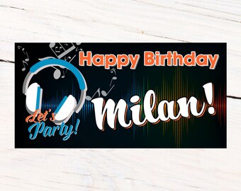 Music Theme Banner | Personalized Birthday Banner | Printed Vinyl Banner | Custom Banner | Headphones Party Banner |  Music Birthday Banner