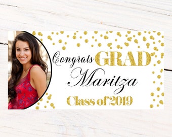 Class of 2019 Graduation Photo Banner ~ Congrats Grad Personalized Party Banner - School Colors Graduation, Grad Banner White and Gold