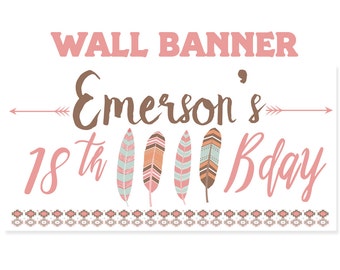 Tribal Birthday Banner ~ 16th Birthday Personalized Party Banners - Feathers & Arrows Photo Banners, Printed Banners, Boho Banner - Birthday