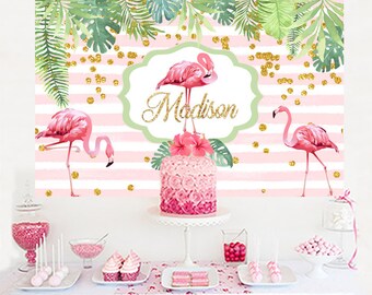 Pink Flamingo Personalized Backdrop, Birthday Cake Table Backdrop, Birthday Photo Backdrop, Tropical Backdrop, Summer Party Backdrop Printed