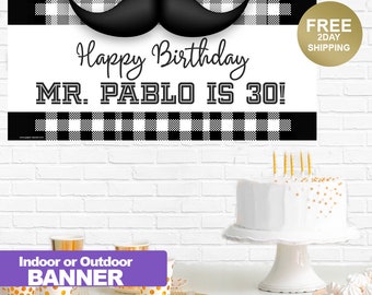 Happy Birthday Banner| Birthday Banner | Personalized Birthday Banner | Moustache Birthday Banner | Indoor or Outdoor Banner