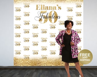 Fabulous 50 Personalized Photo Backdrop -Gold Photo Backdrop- 50th Birthday Photo Backdrop - Printed Photo Booth Backdrop, Vinyl Backdrop