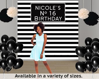 Elegant Birthday Personalized Photo Backdrop - Black & White Stripes Photo Backdrop- Sweet Sixteen Photo Booth Backdrop - Custom Backdrop