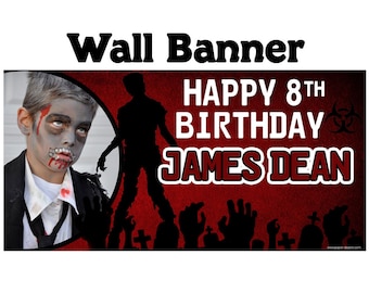 Happy Birthday Banner  ~ Zombie Photo Birthday Personalize Party Banners - Zombies Party Banner, Zombie Halloween Banner, Halloween Party