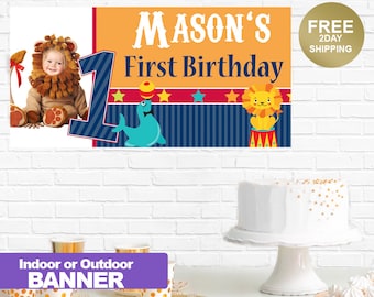 First Birthday Happy Birthday Banner | Circus Birthday Banner | Carnival Birthday Banner | Lion Printed Vinyl Banner | Printed Banner