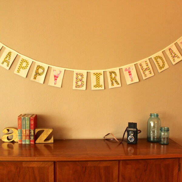 Fabric Birthday Banner in Pinks, Greens, Yellows // READY TO SHIP