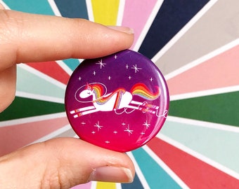 rainbow infused space unicorn button // leslie knope pin// parks and recreation badge// 1980s pin// best friend button// ann perkins pin
